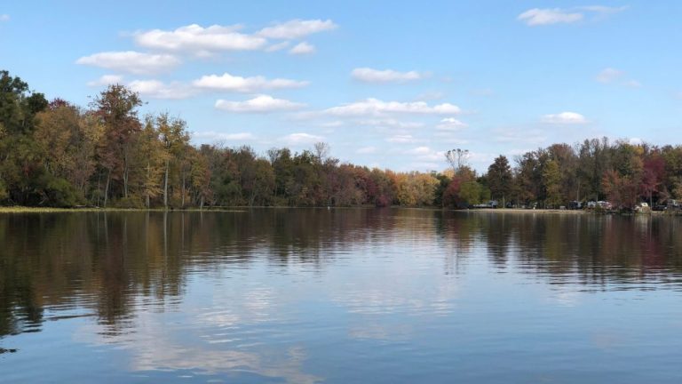 Calm lake with campground