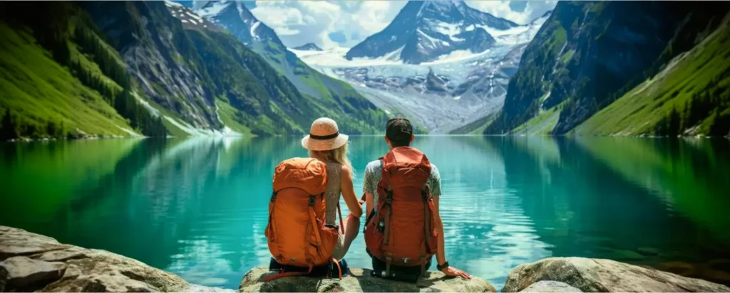 Tourists near the lake in mountains