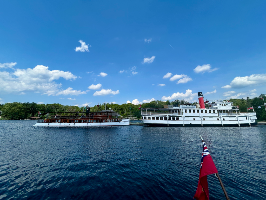 Wanda III and RMS Segwun July , Muskoka Wharf, Gravenhurst