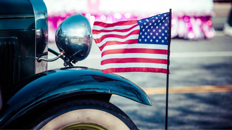 Small Town Parade with Old Fashioned Car