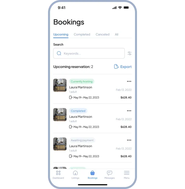 mobile app bookings screen