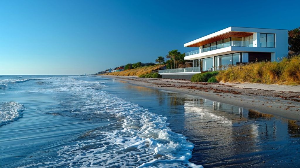 Home on the water, tide is coming in. White foam on the waves as they come into shore.