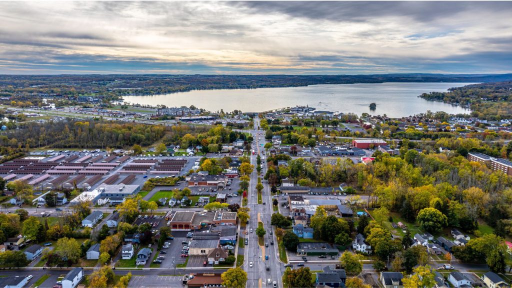 Aerial photo over Rochester Street Downtown Canandaigua New York