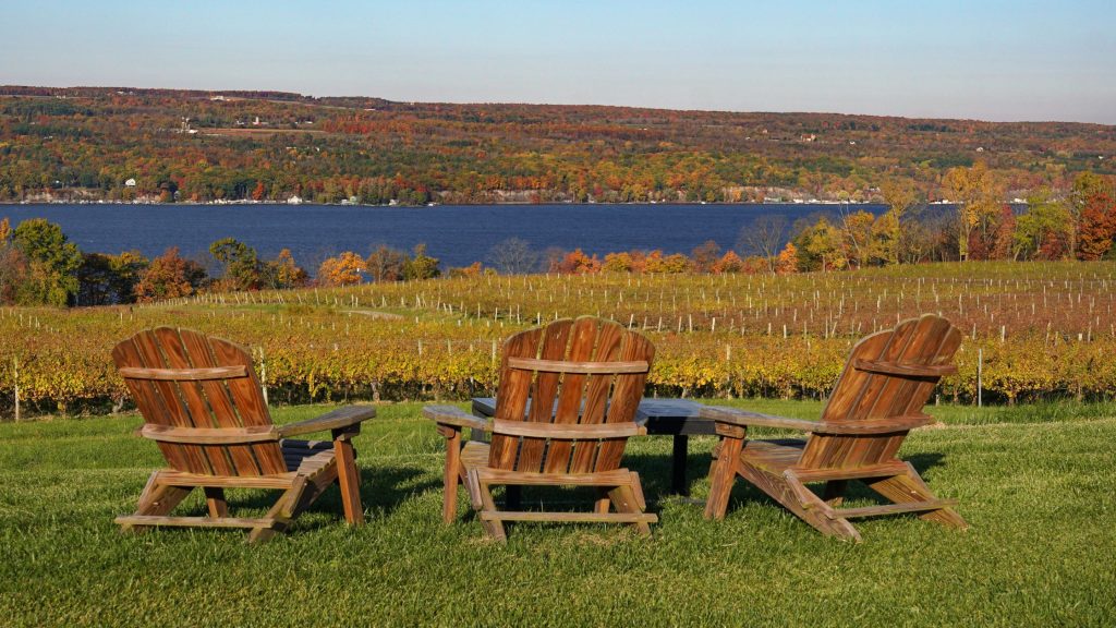 Empty wooden chairs looking over a vineyard in New York